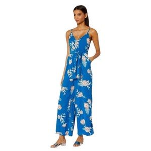 Roxy Blue Floral Button Up Ankle Length Jumpsuit